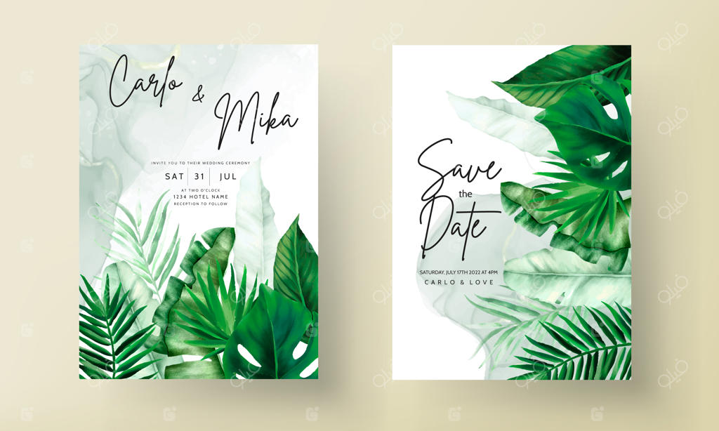 الگوی دعوت‌نامه عروسی گرمسیری با برگ‌های شیک درختان