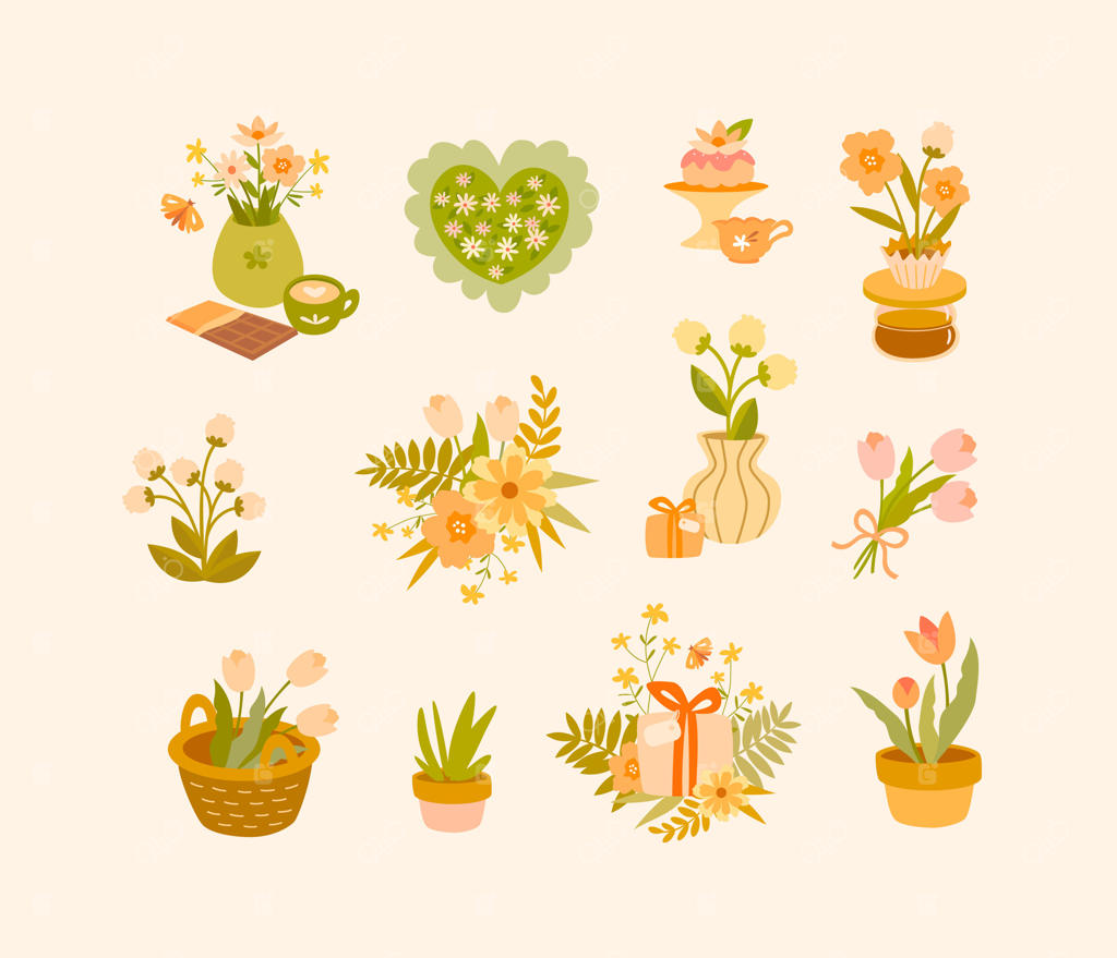 مجموعه‌ای از عناصر گل‌های بهاری در رنگ‌های گرم و ملایم - دسته‌گل‌ها، گلدان‌های گل، هدایا، گیاهان خانگی، قهوه و دسرها. ایده‌آل برای طراحی کارت‌های تبریک، پوسترها و دعوتنامه‌ها. هنر کلیپارت