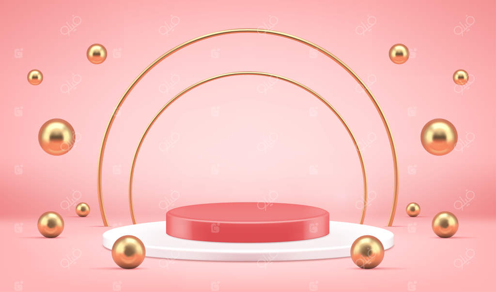 سکو با رنگین‌کمان طلایی و توپ‌های در حال سقوط