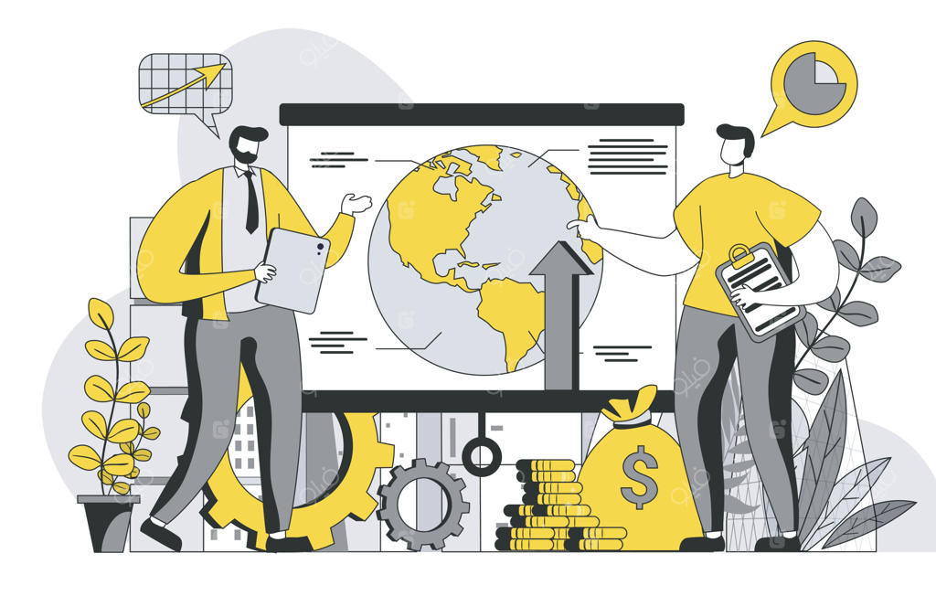 مفهوم استراتژی تجارت جهانی با طرح خطی مردان در حال گفتگو درباره استراتژی توسعه