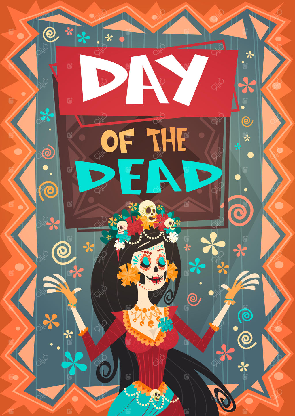 دعوتنامه و پرچم تزئینی برای جشنواره و مهمانی روز مرگان، هالووین سنتی مکزیک، دیاس د لوس مورتوس