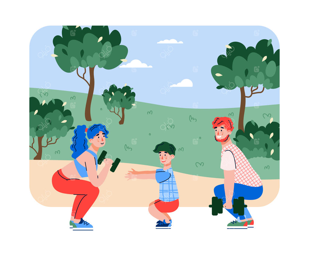 خانواده‌ای در حال تمرین اسکوات، تصویرسازی کارتونی ساده و جدا شده
