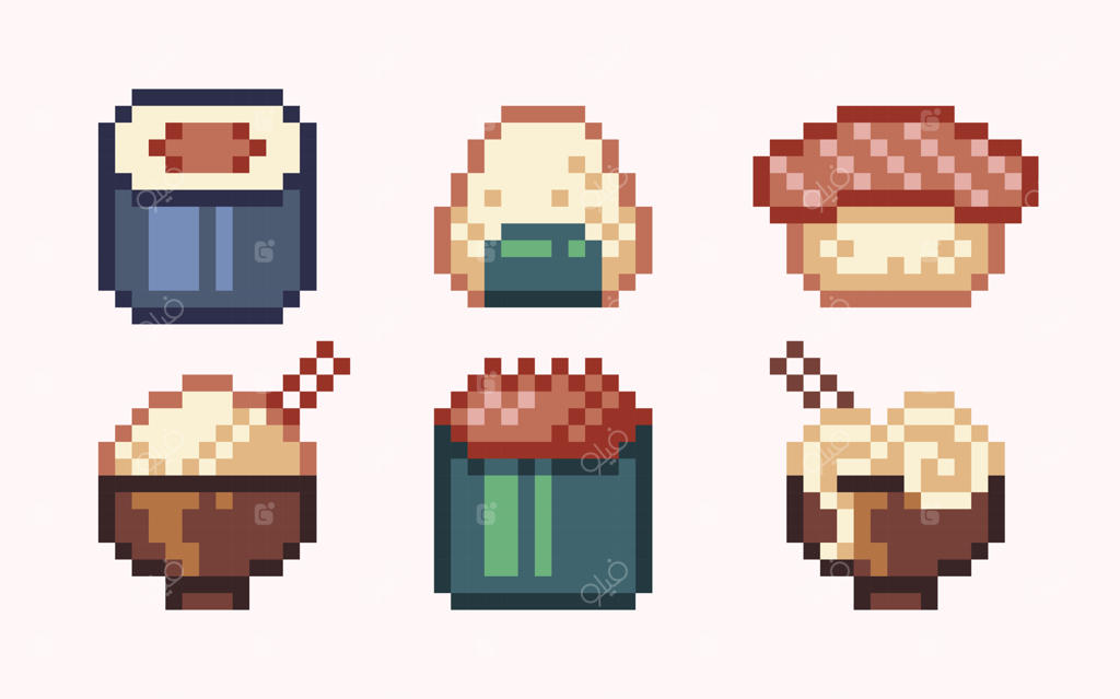 مجموعه هنر پیکسلی غذای ژاپنی: سوشی، ساشیمی، رول ماکی، رامن و نودل به سبک ۸ بیتی.