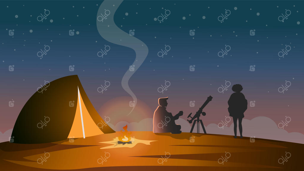 اردوی تابستانی بر فراز کوه با آتش، چادر و تلسکوپ