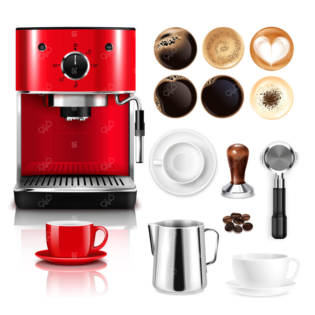 مجموعه‌ای واقعی از قهوه با دستگاه قهوه‌ساز قرمز و فنجان‌هایی از بالا شامل اسپرسو، شکلات داغ، لاته و کاپوچینو - تصویر وکتور