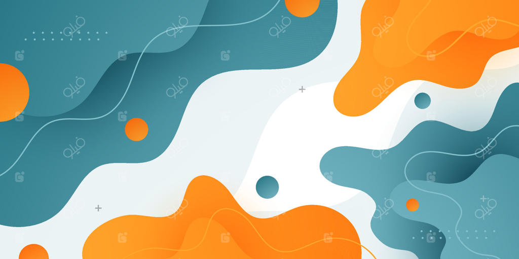 بنر انتزاعی و رنگارنگ با پس‌زمینه مایع و گرادیانت نارنجی و سبز. طراحی افقی و مدرن با پترن موج ساده و شیک.