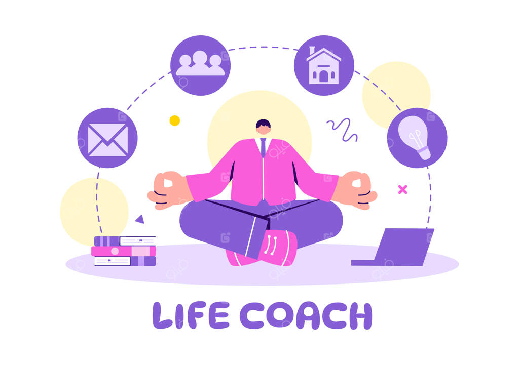 تصویرسازی وکتور مربی زندگی برای مشاوره، آموزش، انگیزش و منتورینگ: چشم‌انداز و خودمربی‌گری در کسب‌وکار با طراحی کارتونی مسطح