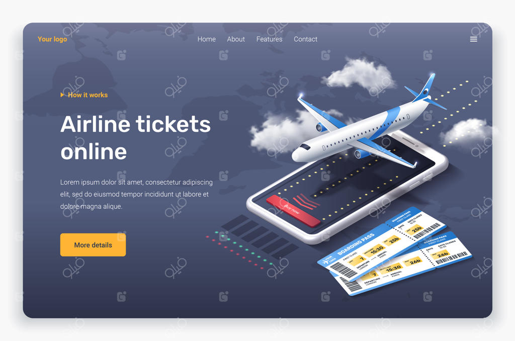 صفحه فرود: هواپیما، تلفن، ابرها و بلیط‌ها - قالب طراحی