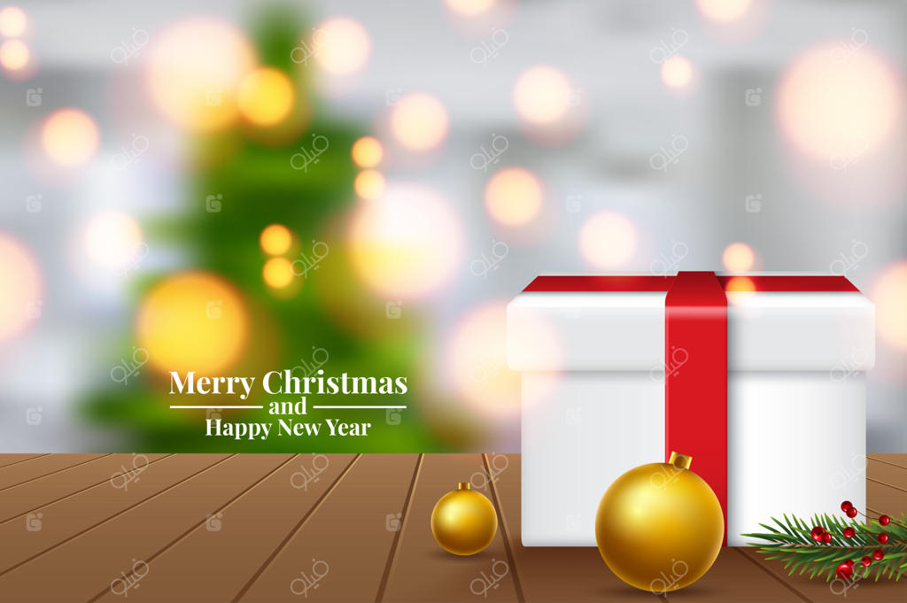 تصویر شاخه‌های درخت کریسمس در شب تاریک با افکت بوکه