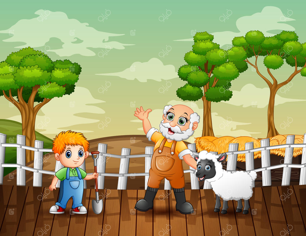 کشاورزان و گوسفندی در تصویر مزرعه