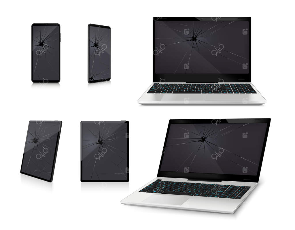 مجموعه گوشی‌ها و لپ‌تاپ‌های خراب با تصاویر واقع‌گرایانه صفحات شکسته و ترک خورده