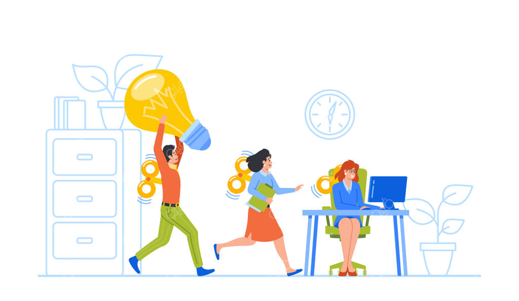 کارمندان باانگیزه کسب‌وکار اسباب‌بازی‌های کوکی: شخصیت‌های مرد و زن در حال کار با کامپیوتر در دفتر