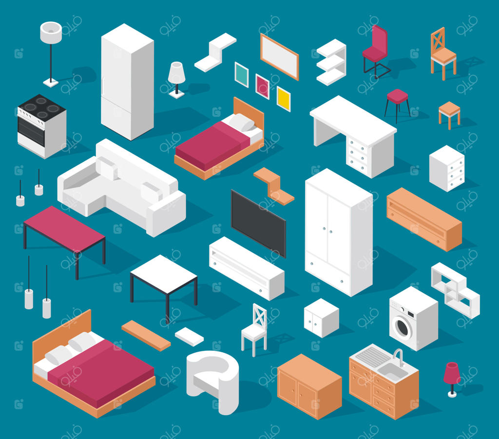 مبلمان ایزومتریک. میز، کابینت، تخت‌خواب، صندلی، کاناپه، آباژور، اجاق گاز و یخچال. مجموعه وکتور المان‌های دکوراسیون داخلی مدرن برای اتاق نشیمن، اتاق خواب و آشپزخانه