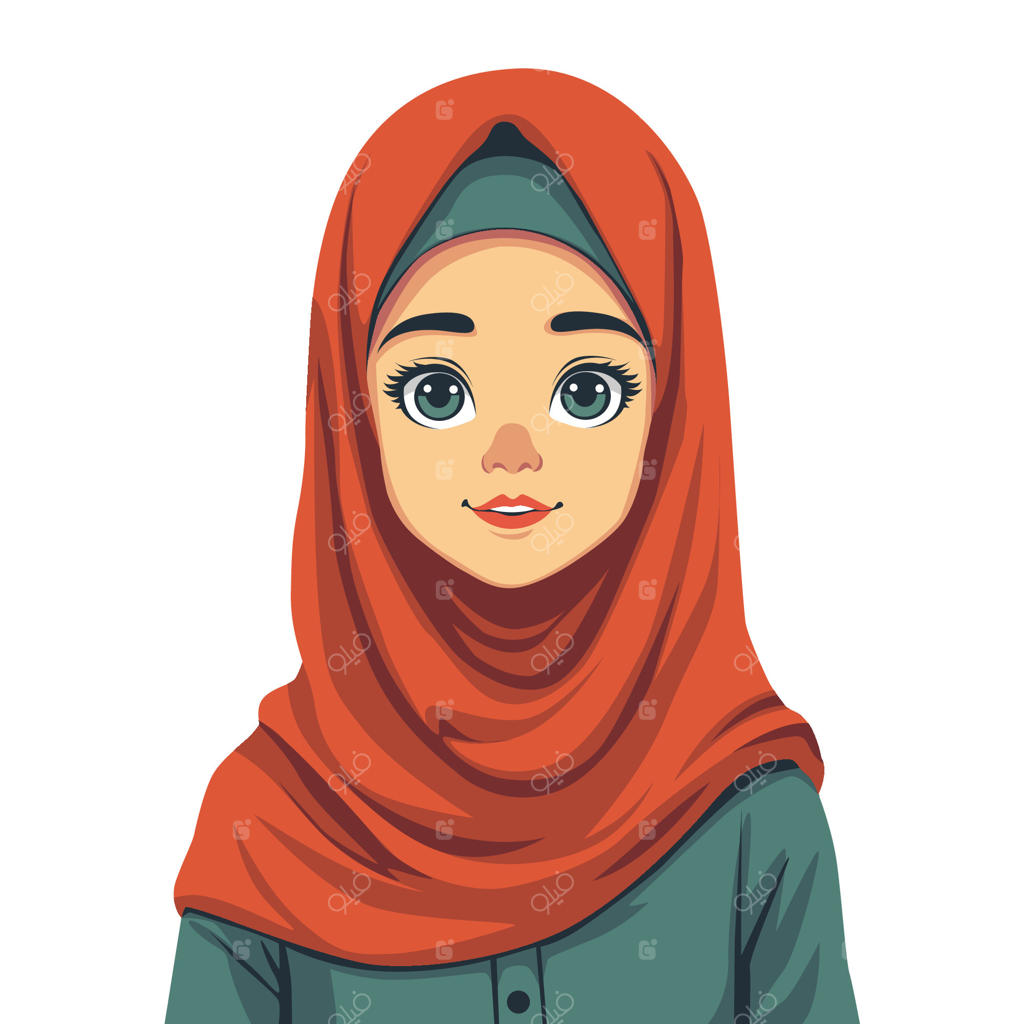 تصویرسازی زن جوان مسلمان با حجاب نارنجی درخشان و روسری کله‌غازی، چشمان آبیِ گیرا و لبخندی ملیح