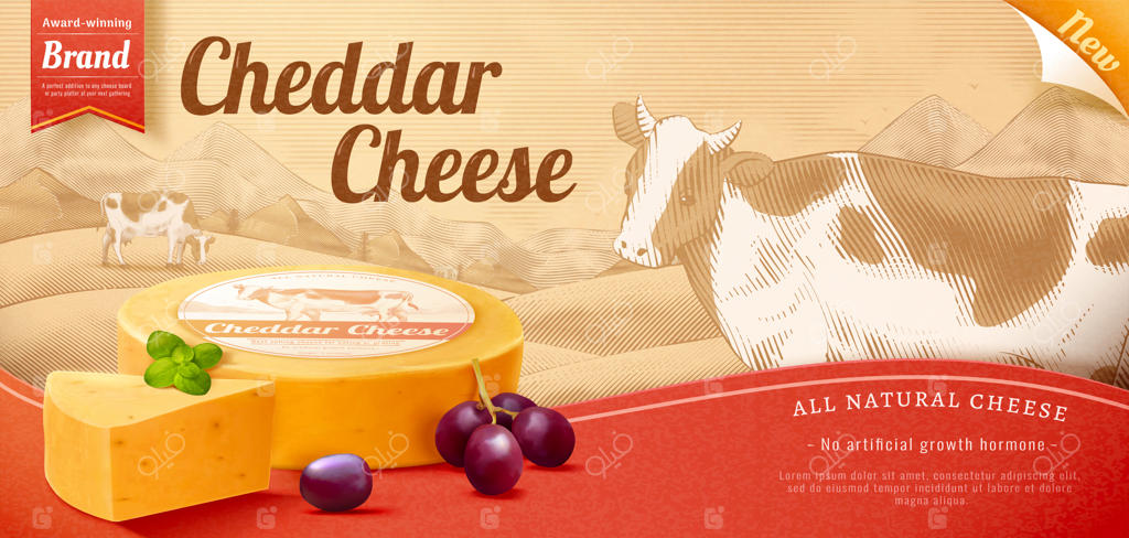 تبلیغ بنری ترکیبی در قالب سه‌بعدی برای پنیر چدار