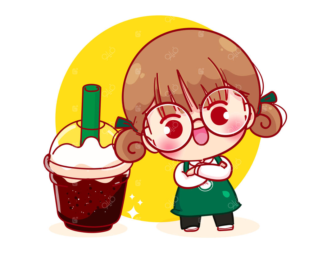 تصویر کاراکتر کارتونی باریستای بامزه با پیش‌بند و قهوه