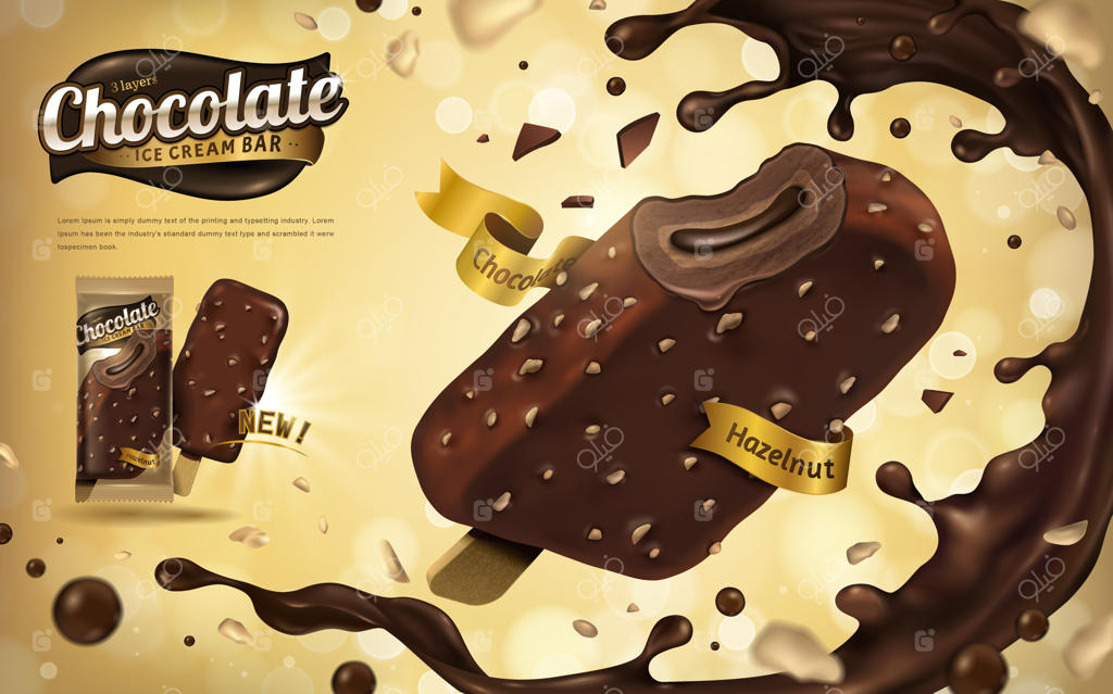 تبلیغ بستنی چوبی شکلاتی فندقی با پاشش سس شکلات لذیذ و مغزهای معلق در هوا، ویژه تابستان