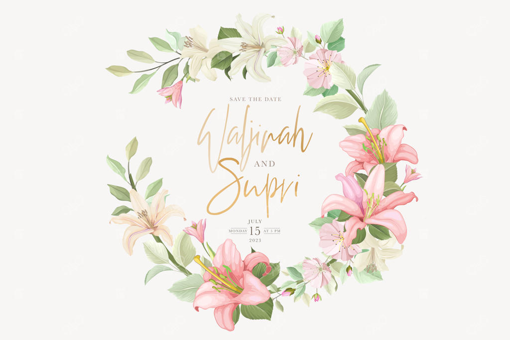 طراحی تاج گل و پس‌زمینه با گل‌های سوسن