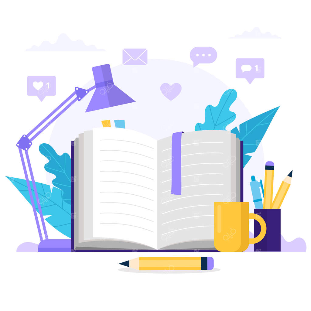 کتاب باز، فنجان قهوه، چراغ روی میز، تصویر بامزه به سبک تخت