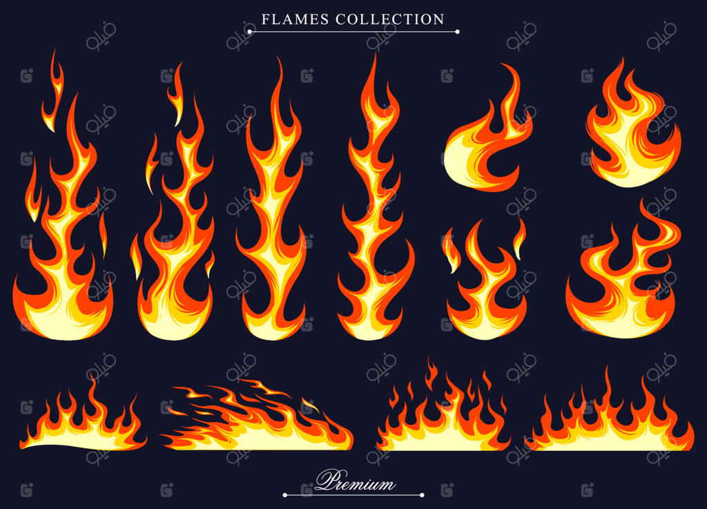 طرح شعله‌های طبیعی نارنجی - طراحی عناصر. آتش کارتونی مناسب برای کمیک، پوستر، تتو، برچسب، بسته‌بندی، پوشاک، پس‌زمینه و تزیینات. وکتور EPS 10. بر روی پس‌زمینه‌ی سیاه.