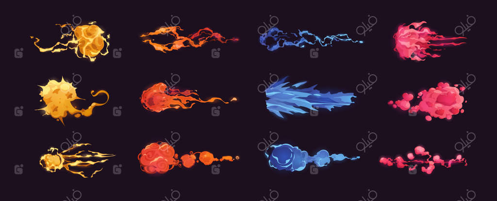 پرتوهای سلاح لیزری: جلوه‌های ویژه کارتونی انفجار قدرت، اشعه‌های انرژی سلاح، طلسم جادویی، حمله اسلحه‌های لیزری و پلاسمایی آینده‌نگر (مجموعه وکتوری مخصوص بازی‌های دو بعدی)