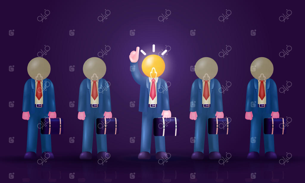 کارمندی با سر لامپی که در میان چراغ‌های خاموش روشن می‌شود: مفاهیم خلاقانه و حل مسئله - برداری سه‌بعدی مناسب برای تجارت و آموزش