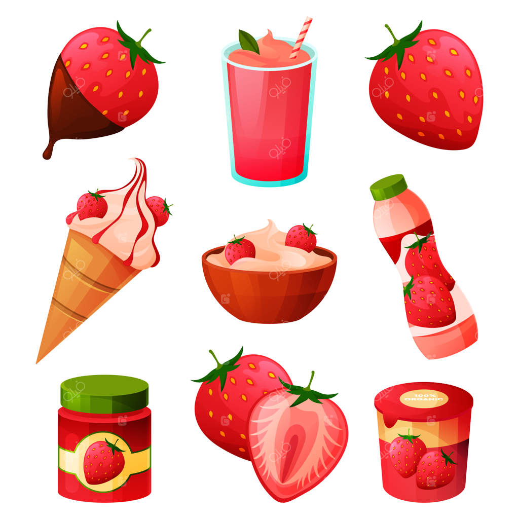 محصولات غذایی توت‌فرنگی، نوشیدنی‌ها و شیرینی‌های میوه‌ای