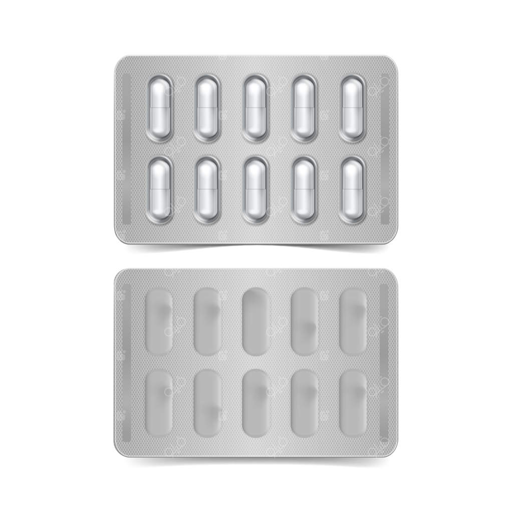 بسته کپسول‌ها روی زمینه سفید