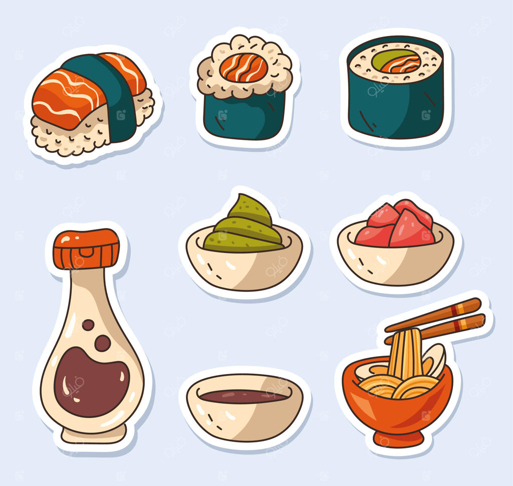 تصاویر کارتونی استیکر سوشی رول روی پس‌زمینه سفید