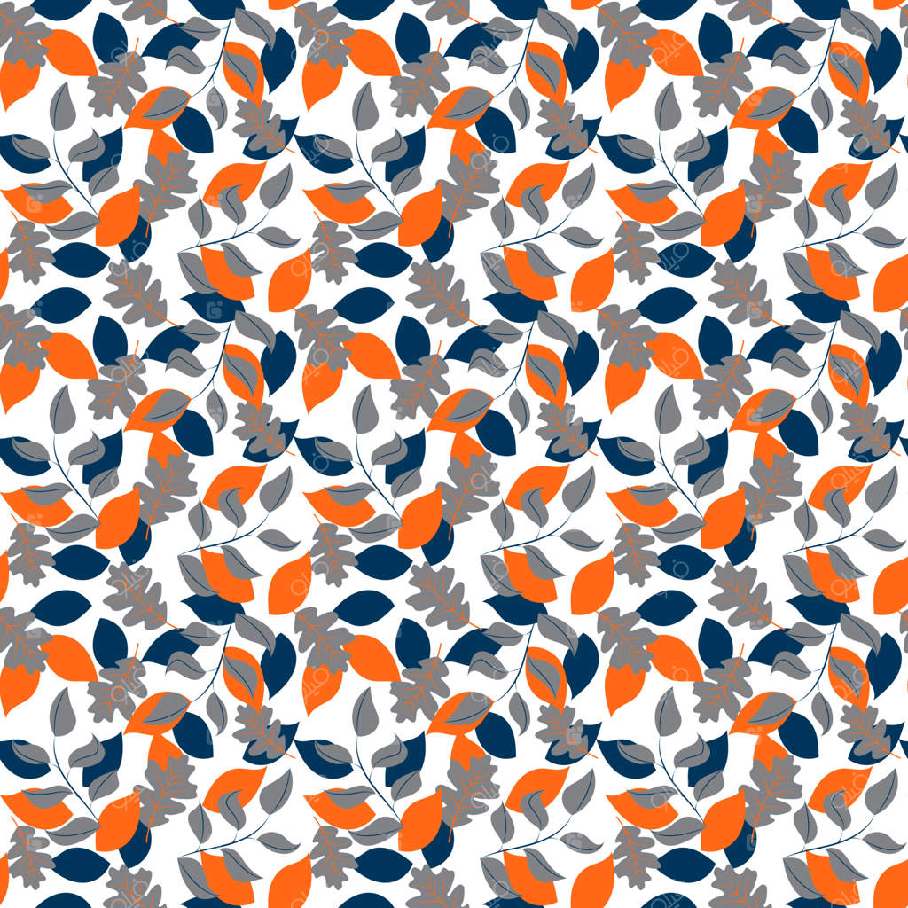 پترن یکپارچه برگ های نارنجی و خاکستری: طرح باغ نارنجی. طراحی انتزاعی مرکبات و برگ ها. نقوش گل شیک. پترن تابستانی تازه برای منسوجات و دکوراسیون داخلی.