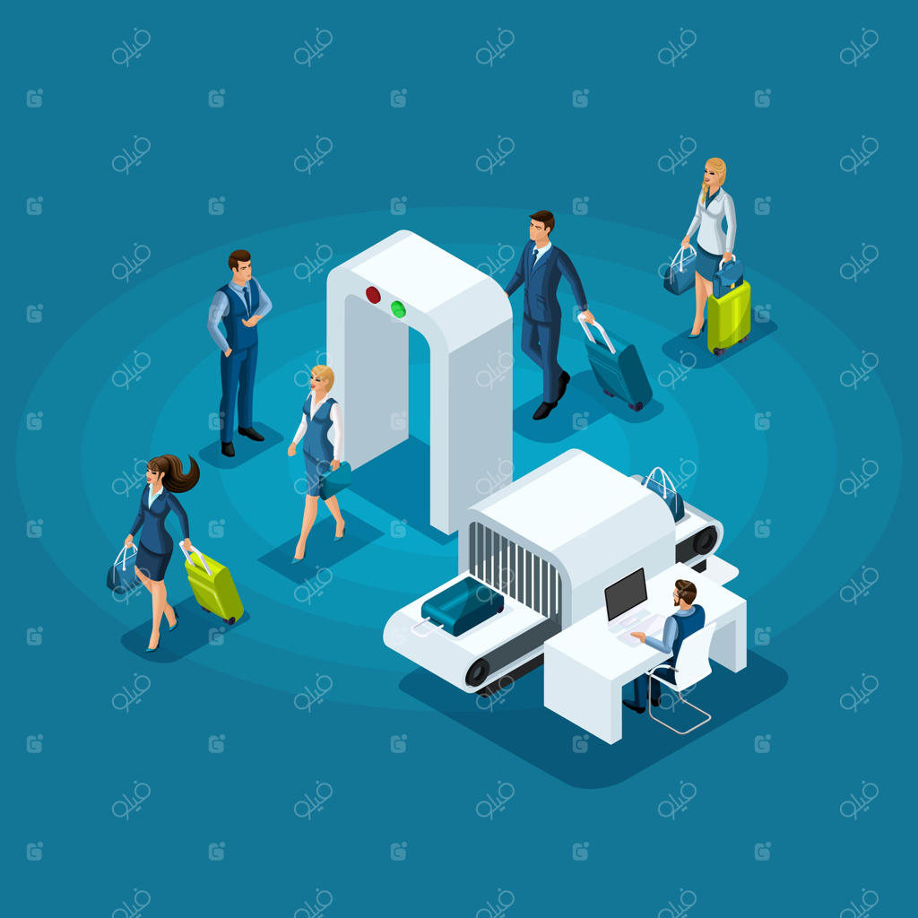 طرح اینفوگرافیک از فرآیند عبور از بازرسی وسایل در ورودی ساختمان فرودگاه، همراه با خانم‌ها و آقایان در سفر کاری