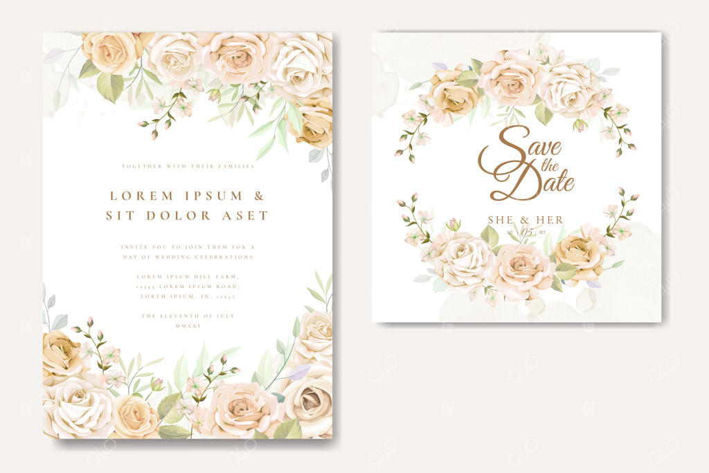 قالب زیبا برای کارت دعوت عروسی با رزهای سفید و زرد