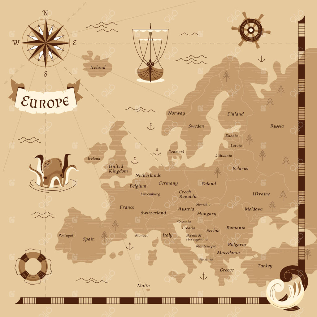 نقشه اروپای قدیم به صورت طراحی دستی