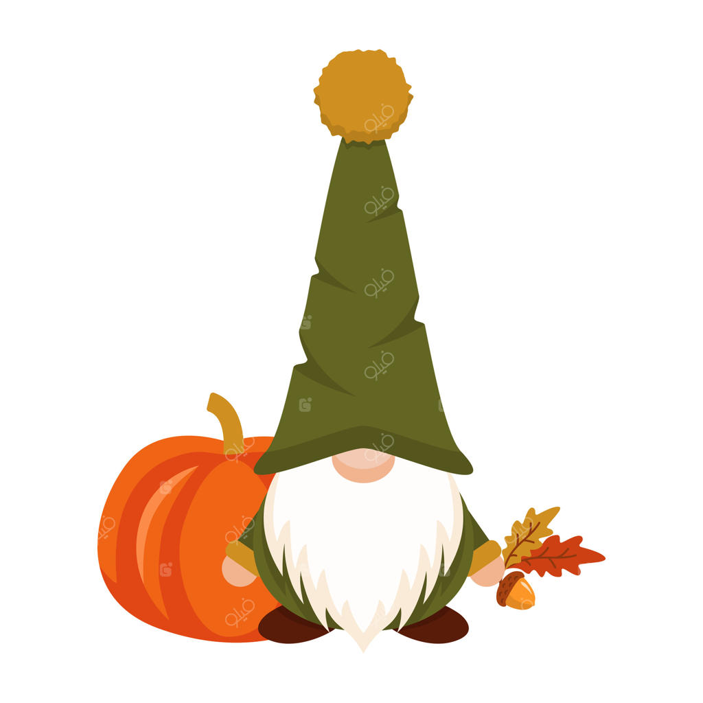 کوتوله‌ی پاییزی با کدوتنبل و کلاه سبز. شخصیت جادویی برداشت محصول با برگ زرد و بلوط در دست، با کلاه که چشم‌هایش را پوشانده، و ریش سفید به‌عنوان نماد جشنواره‌ای از باغ به سبک اسکاندیناویایی.