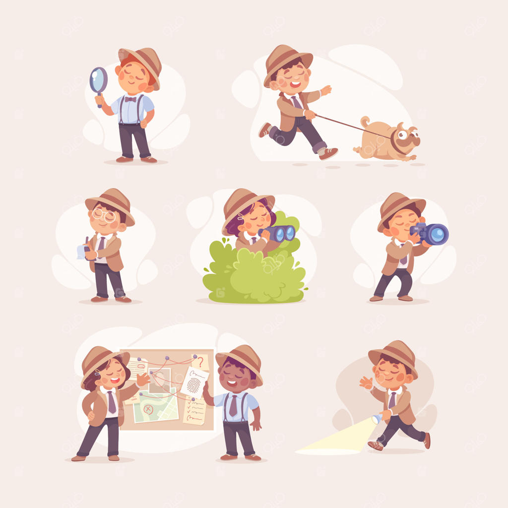 مجموعه کاراکتر دختر و پسر کارآگاه در حال بررسی پرونده