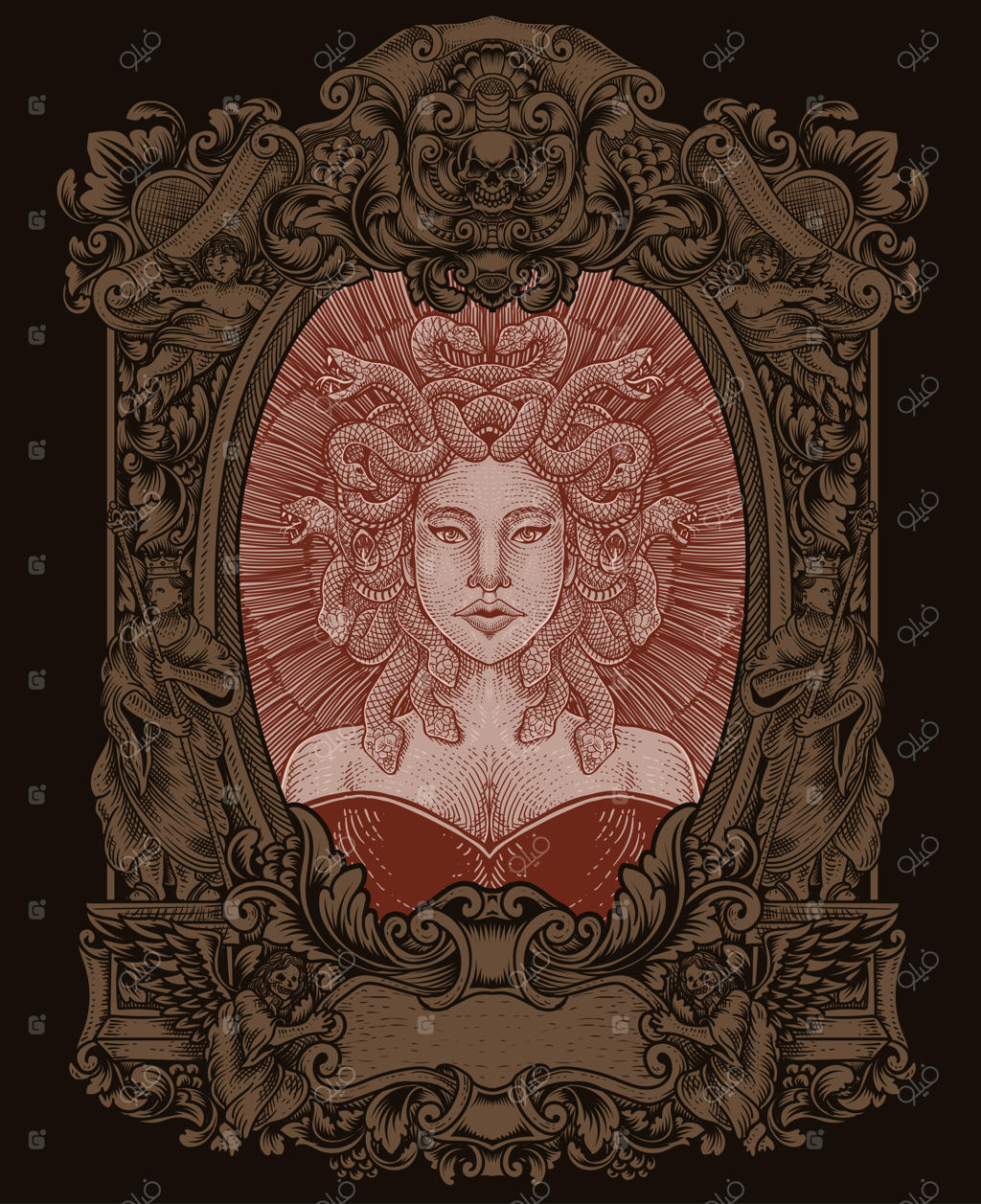 تصویر سر مدوزا با قاب تزئینی حکاکی شده