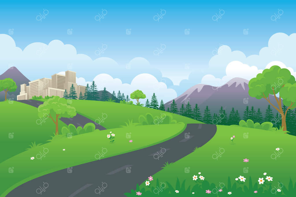 تصویرسازی منظره کارتونی بهاری با چمنزار سبز، جاده، کوه و ساختمان‌های شهری