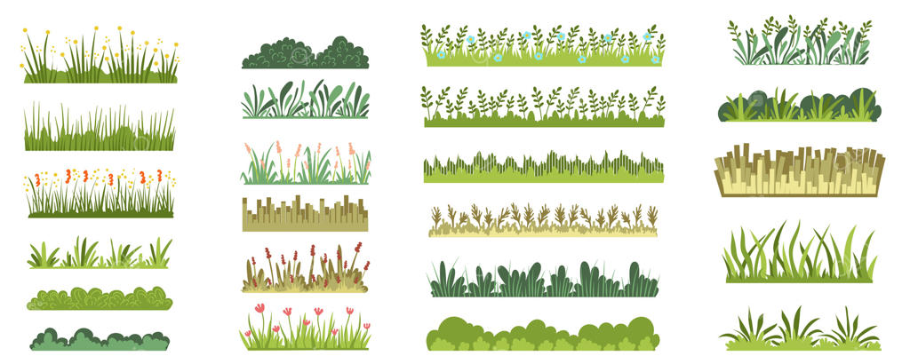 مجموعه عظیم چمن سبز با گل‌ها در طراحی گرافیکی تخت. عناصر مجموعه‌ای از لایه‌های افقی گیاهان علفزار با گل‌های وحشی متنوع، بوته‌ها و برگ‌ها برای منظره. تصویر برداری.