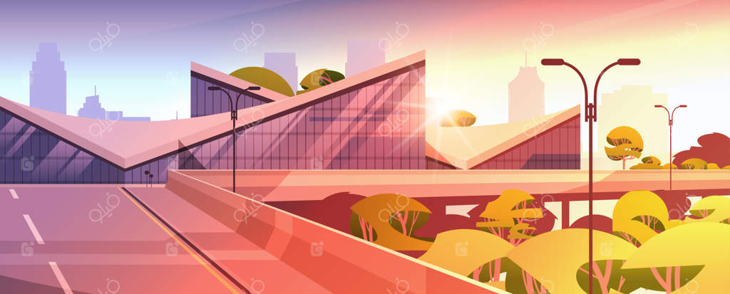 شهر آینده: اشکال غیرمعمول معماری مدرن و شهری در غروب آفتاب، پس‌زمینه منظره‌شهری افقی، تصویر وکتور