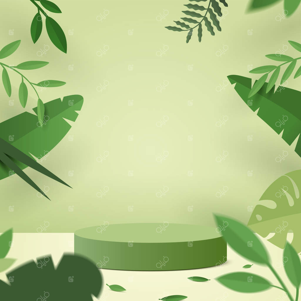 صحنه مینیمال انتزاعی با اشکال هندسی: پایه استوانه‌ای در پس‌زمینه‌ی سبز طبیعی با برگ‌های گیاهان سبز.