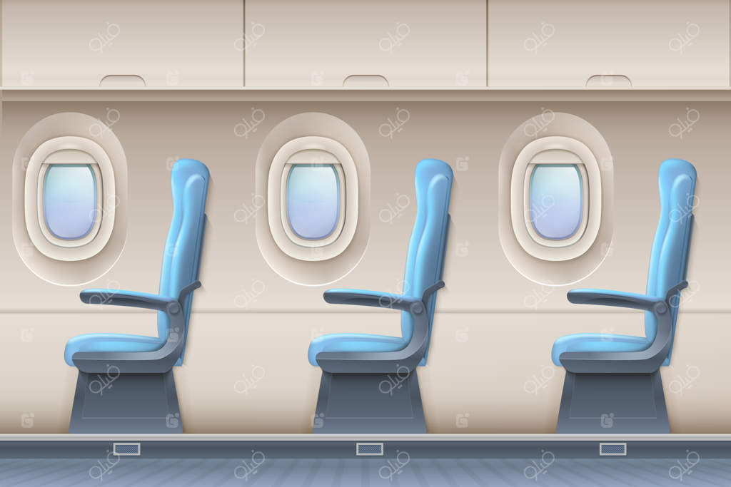 نمای داخلی هواپیمای مسافربری؛ کابین با صندلی‌های راحت و پنجره‌ها