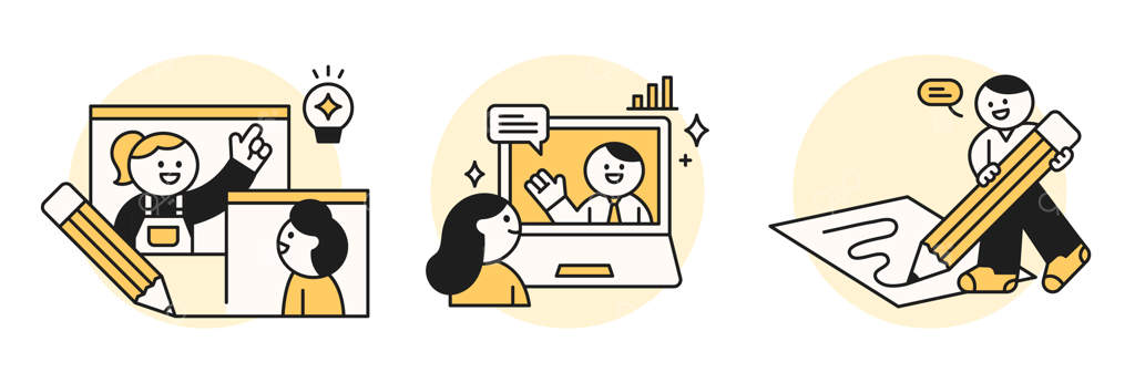 تصویرسازی مفهوم آموزش: دانش‌آموزان در حال کلاس‌های آنلاین و مطالعه و نوشتن گروهی