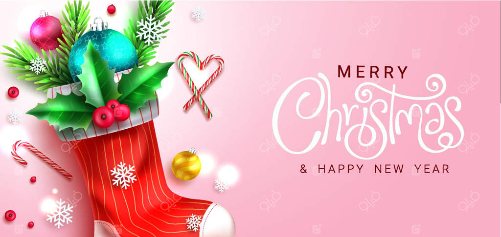 طراحی وکتور تبریک تعطیلات کریسمس: متن کریسمس مبارک با جوراب‌های کریسمسی راه‌راه.