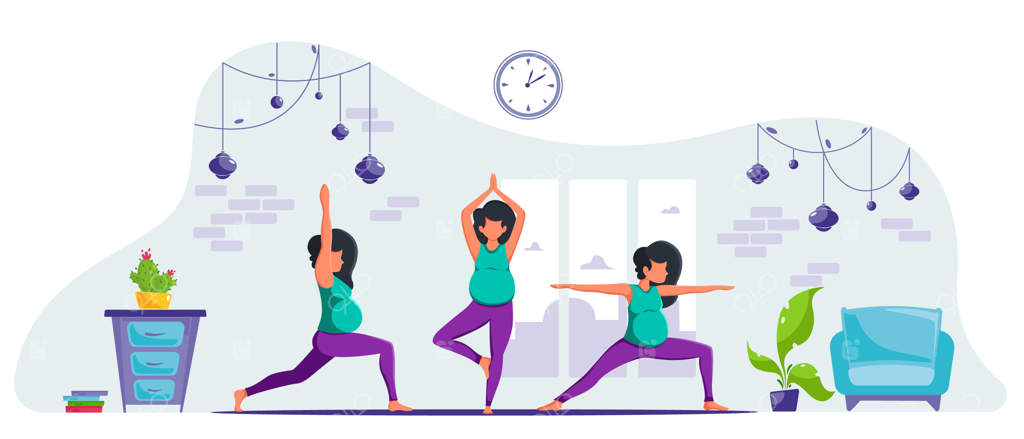 زنی باردار در خانه یوگا می‌کند. زن بارداری که مراقبه می‌کند. مفهوم بهداشت در دوران بارداری. به سبک تخت.