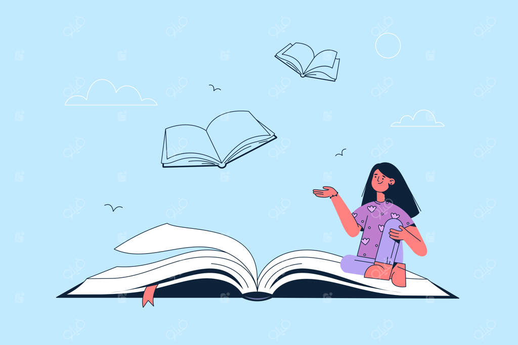 شخصیت کارتونی زن خندان نشسته بر روی صفحه باز کتاب؛ نمایانگر ایده اخلاقی نویسنده و پیام اطلاعات پنهان