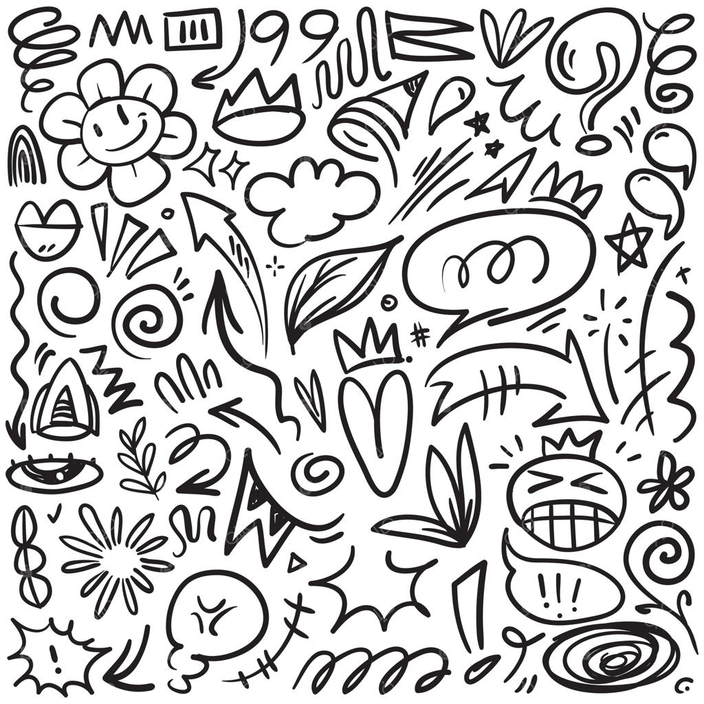 مجموعه‌ای از طراحی‌های دست‌کشیده و کارتونی: نمادهای احساسی، فلش‌های منحنی جهت‌دار، عناصر طراحی افکت ایموجی، سمبل‌های احساسی کاراکترهای کارتونی، خطوط تزئینی زیبا.