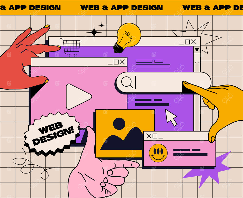 مفهوم تبلیغاتی بنر طراحی وبسایت یا اپلیکیشن به سبک رترو