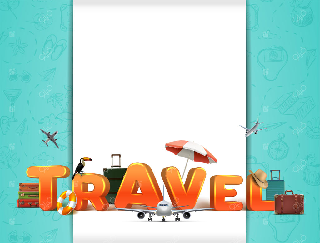 بنر وکتور سفر به دور دنیا با حروف سه‌بعدی و المان‌های واقع‌گرایانه سفر