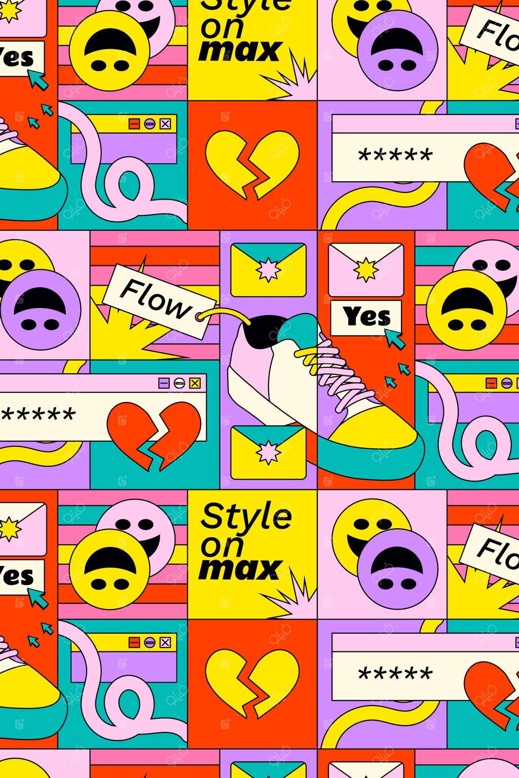 کولاژ پاپ آرت رنگارنگ با کفش‌های کتانی، صورتک‌های خندان و قلب‌های شکسته