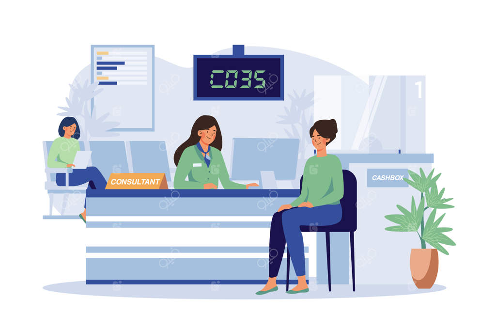 مفهوم تصویر مشاور بانکی در حال کار با مشتریان روی پس‌زمینه سفید